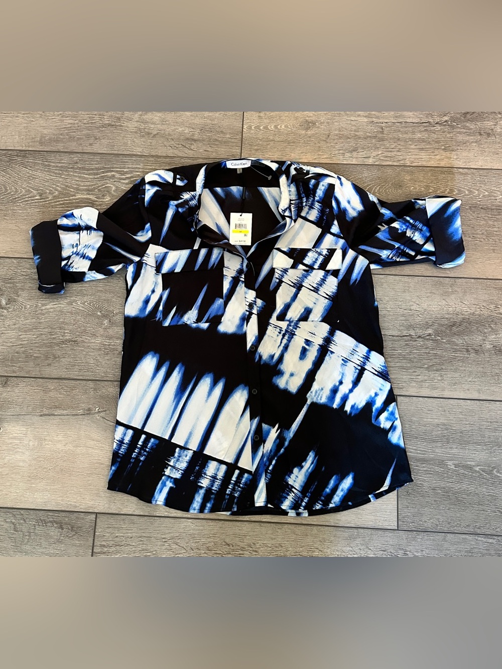 Calvin Klein Abstract Paint Tab Sleeve Blouse